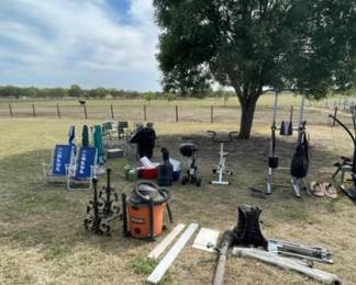 Lawn furniture, coolers, andirons, vacuum, leaf blower