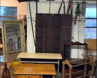 Mirror, 6-legged table, school desk, blanket rack, TV stand, wall screen, round side table w/ glass top