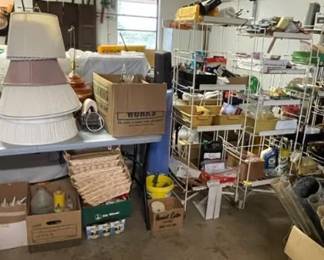 Lamps, shades, baskets, hardware, tools, cowboy hat