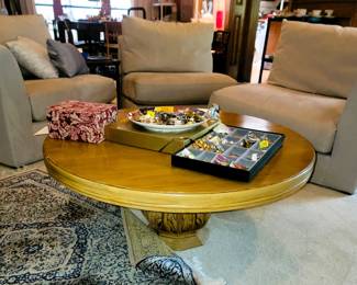 3 piece slipper sofa chairs - use together as sofa or separate for chairs.  Round mid-century modern coffee table