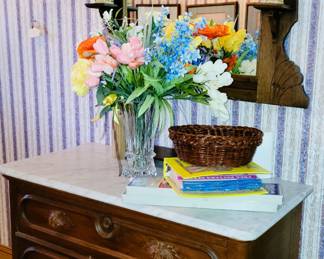 Antique 3-drawer chest with marble top.  Gingerbread framed mirror