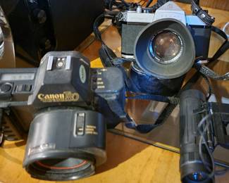 Cameras: Canon T80, Pentax Sport, Instamatics, Mini spy, Retro binoculars