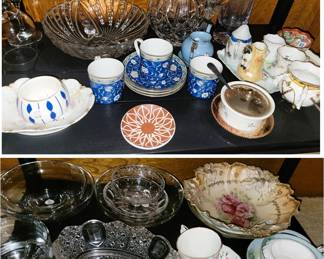 China cup and saucer sets, Glass serving bowls, China bowls, Waterford pitcher, cream and sugar sets