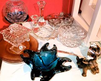 retro glass ashtray, dog figurines, pink depression glass, crystal candlesticks and rose bowls and serving