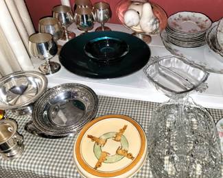 Silver plate trays and brandy glasses
