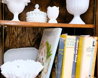 Milk glass and retro cookbooks