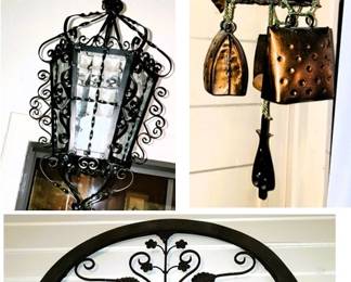 Mid-century iron hanging lamp, old wall bell, garden decor