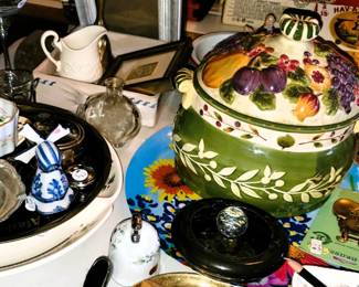 Bells, ceramic plates, creamers and decor