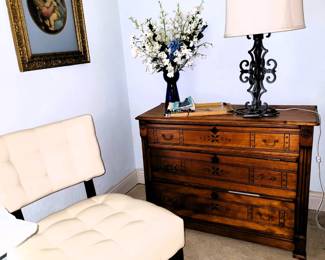 Oversized leather slipper chair, retro lamp set, antique chest