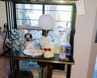 Iron Etagere with glassware, mixing bowl set, antique globe lamp and mid-century bar sets