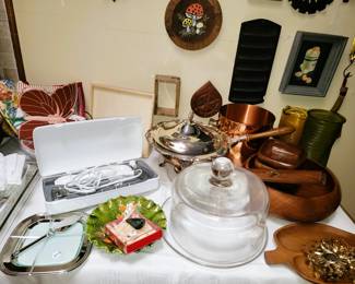 Serving dishes: crystal, wood, copper