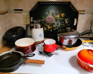 Painted Tray, Dansk and Le Crueset cookware 