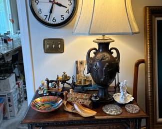 Antique balance scale with weights, flower frogs, art glass and more