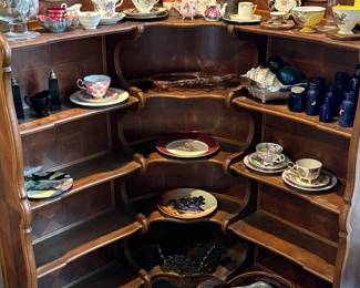 Unique carved wood corner cabinet, teacups and more