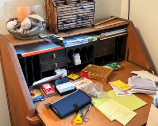 Drop front desk and office supplies