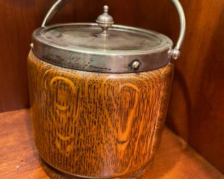 Antique oak English biscuit tin.