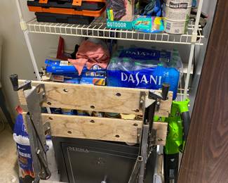 Workbench and prepper supplies.