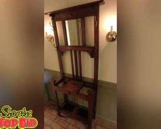 Antique Stickley Hall Tree with Flip Top Storage, Mirror