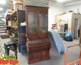 Antique Walnut Cylinder Desk Circa 1800s with Upper Bookcase and Lower Drawer and Cabinets