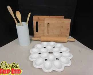 Crate Barrel Utensil Holder and Egg Serving Tray with Wooden Utensils, Rolling Pin and Cutting Boards