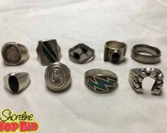 Huge Lot of 9 Vintage Rings Most are Sterling, 1 is Titanium