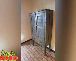 Primitive Pie Cabinet, Galvanized Star Inserts on Door Color Green, Very Nice