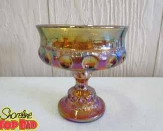 Rare Find Kings Crown Thumbprint Indiana Carnival Glass Amber Compote Candy Dish, No Chips