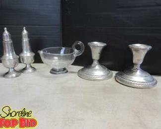 Sterling Silver Candle Holders, Salt Pepper Shakers and Creamer Dish Base is Sterling