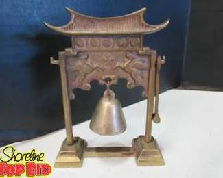 Vintage Brass Figurine Pagoda Temple Bell Gong Asian Solid Brass
