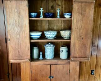 Antique Pine Cupboard with Blue & White Spongeware Pottery