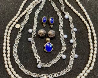 Seed Pearl Necklace, Sno Necklace (Sweden), Pair of Ippotia Sterling Earrings, and Vintage Earrings and Pendent