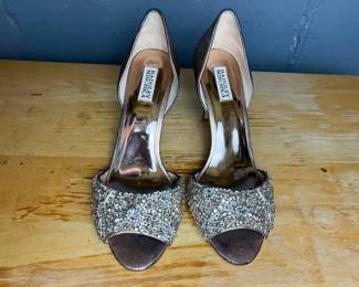 Badgley Mischka Crystal Beaded Rose Gold Peep Toe Pumps, Size 11
