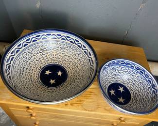 Pair Of Large Blue & White Ceramic Bowls With Fish & Star Motif