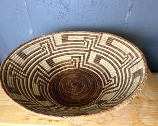 Natural Woven Basketry Bowl With A Geometric Design