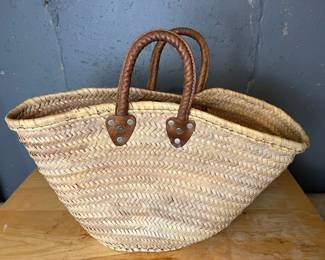 Straw Market Basket Tote With Leather Handles