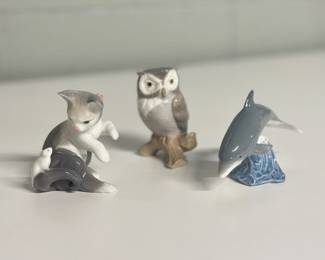 Trio of Lladro Animal Figurines, Includes Lucky Owl #8035, Cat and Mouse #05236 & Lucky Dolphin #01008104. 