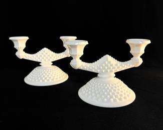 Pair Fenton Hobnail Milk Glass Double Candlesticks