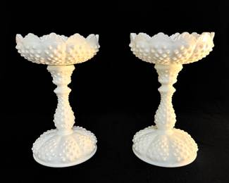 Pair Fenton Milk Glass Scalloped Hobnail Candlesticks