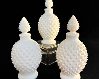 Trio of Fenton Milk Glass Hobnail Perfume Bottles