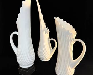 Trio of Fenton Milk Glass Hobnail Swung Pitchers