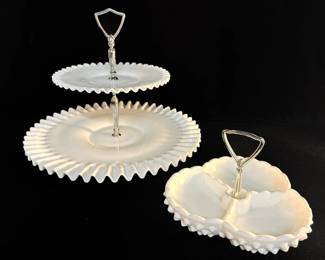 Fenton Milk Glass Crimped Hobnail Tidbit Tray + Nut Dish