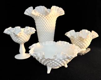 Four Fenton Milk Glass Hobnail Ruffle Edge Vases