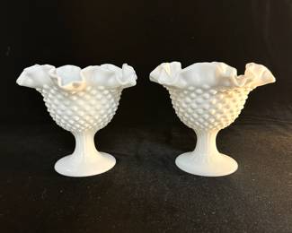 Pair Fenton Hobnail Milk Glass Candleholders