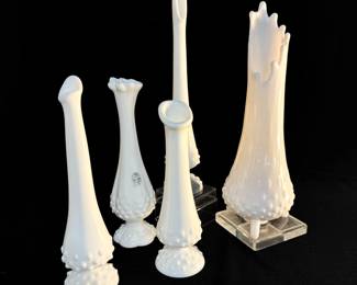 Collection of Fenton Milk Glass Hobnail Swung Vases 