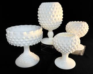 Four Fenton Hobnail Milk Glass Vases
