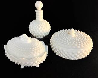 Trio Fenton Milk Glass Hobnail Trinket Boxes  + Perfume Bottle