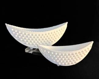 Pair Fenton Hobnail Milk Glass Footed Crescent Bowls 