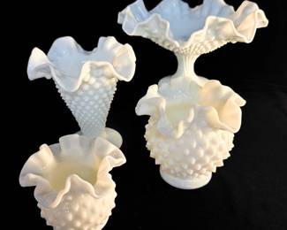 Four Fenton Hobnail Ruffled Milk Glass Vases