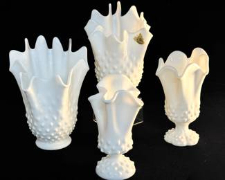 4 Fenton Ruffled Milk Glass Hobnail Vases