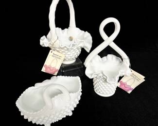 Trio of Fenton Milk Glass Hobnail Baskets